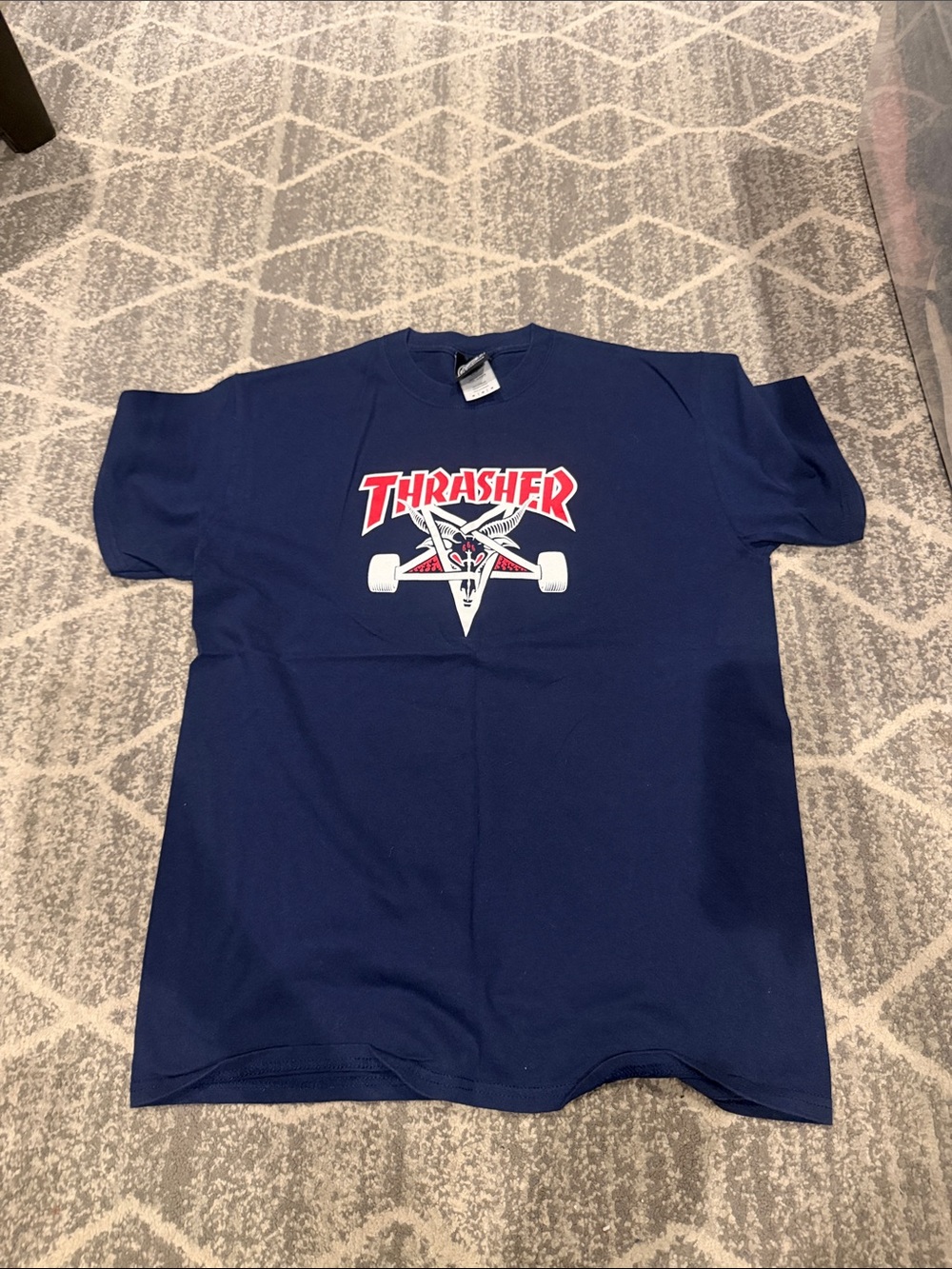 Thrasher Navy Blue Short Sleeve Tee with Red & White Logo